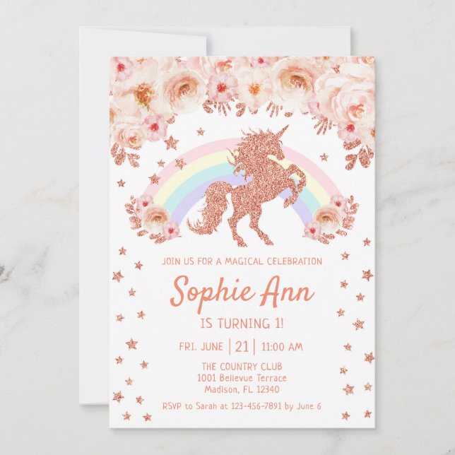 Unicorn 1st Birthday - Rose Gold Pink Invitation (Front)