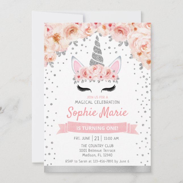 Unicorn 1st Birthday - Silver Pink Invitation (Front)