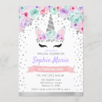 Unicorn 1st Birthday - Silver Purple Teal Pink