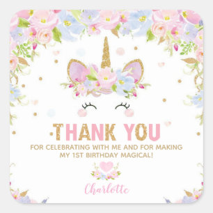 Unicorn 1st Birthday Thank You Favour Sticker Labe