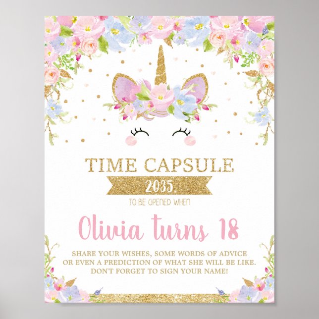 Unicorn 1st Birthday Time Capsule Game Activity Poster (Front)