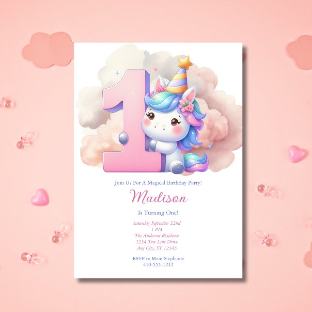 Unicorn 1st First Pink Blue Purple Girl Birthday  Invitation (Unicorn 1st First Birthday party Invitation. Girls, Pink blue purple, watercolor. Printed or Digital)