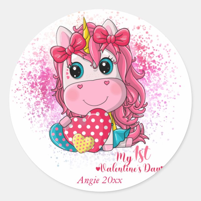 Unicorn 1st Valentines Day Classic Round Sticker (Front)