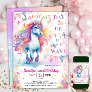 Unicorn 2nd Birthday Fairy Floral Rainbow & Stars  Invitation