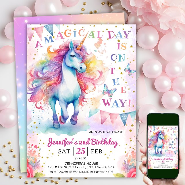 Unicorn 2nd Birthday Fairy Floral Rainbow & Stars  Invitation (#UnicornBirthdayInvitation #UnicornBirthdayInvitationTemplate #UnicornBirthdayInvitationEditable 
)