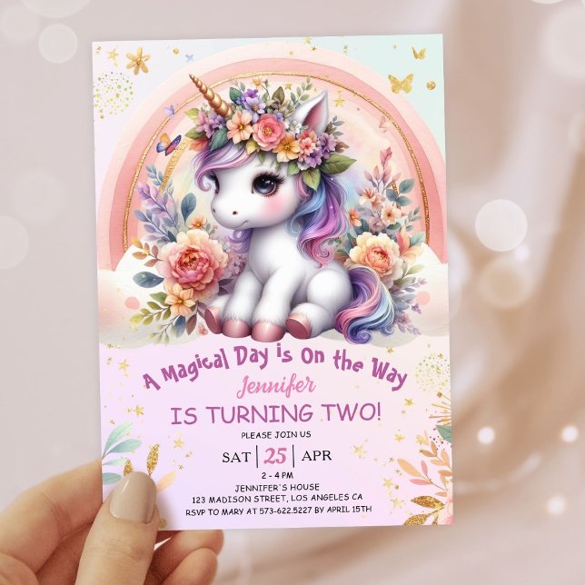 Unicorn 2nd Birthday Girl Pink Floral Rainbow Invitation (#UnicornBirthdayInvitation #UnicornBirthdayInvitationTemplate #UnicornBirthdayInvitationEditable )