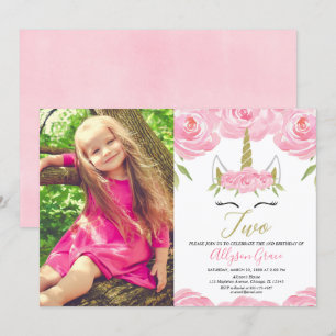 Unicorn 2nd birthday girl pink gold photo invitation