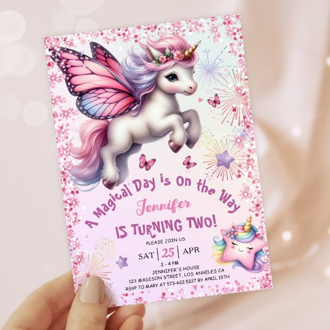 Unicorn 2nd Birthday Invitation Girl Pink Purple  (Creator Uploaded)