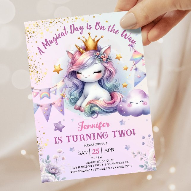 Unicorn 2nd Birthday Invite Girl Pink & Gold  (#UnicornBirthdayInvitation #UnicornBirthdayInvitationTemplate #UnicornBirthdayInvitationEditable 
)