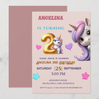Unicorn 2nd Birthday Invite Girl Purple & Gold