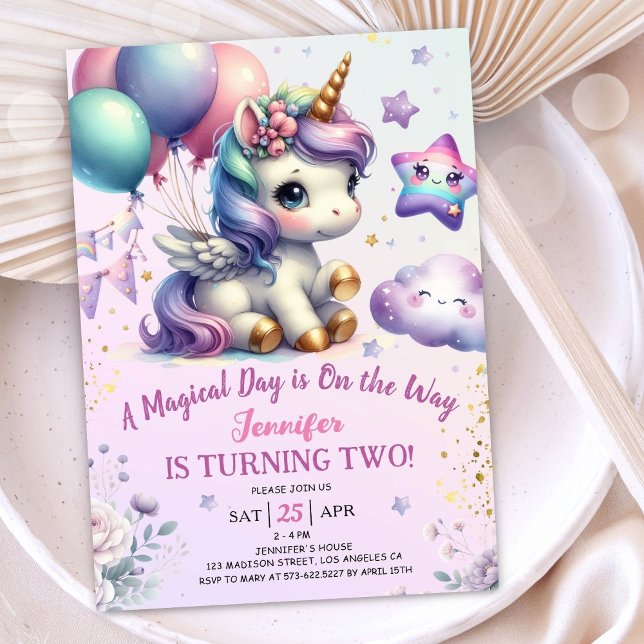 Unicorn 2nd Birthday Invite Girl Purple & Gold  (#UnicornBirthdayInvitation #UnicornBirthdayInvitationTemplate #UnicornBirthdayInvitationEditable 
)