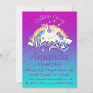Unicorn 2nd Birthday Magical Whimiscal Invitation