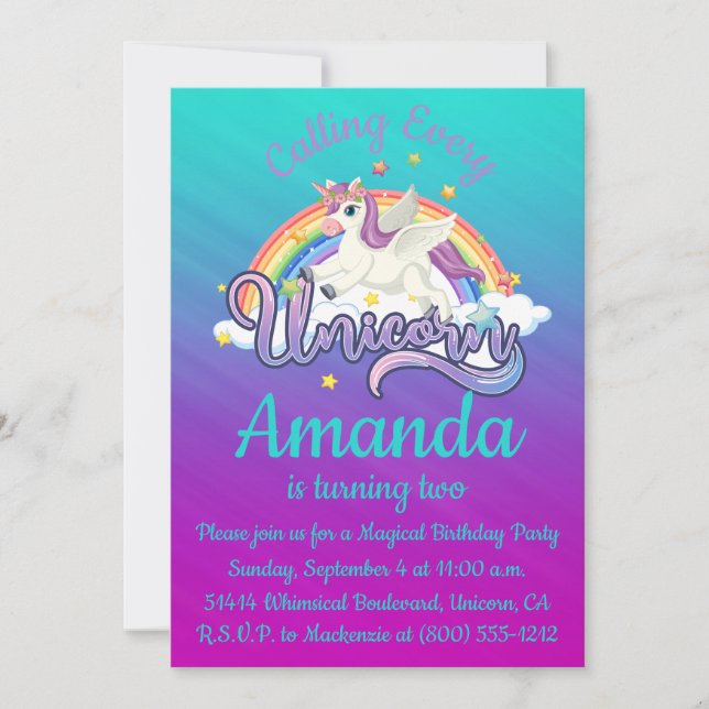 Unicorn 2nd Birthday Magical Whimiscal Invitation (Front)