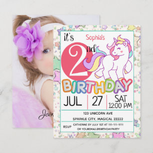 Unicorn 2nd Birthday Party  Invitation