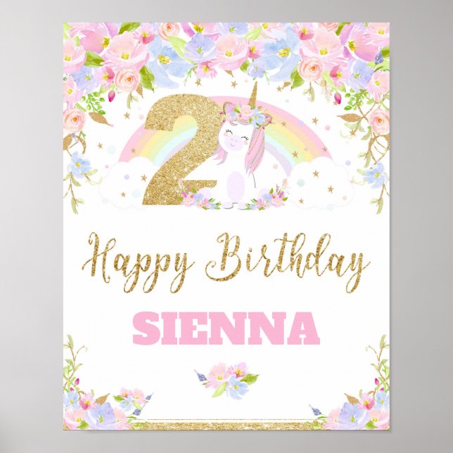 Unicorn 2ND Birthday Party Welcome Poster Sign (Front)