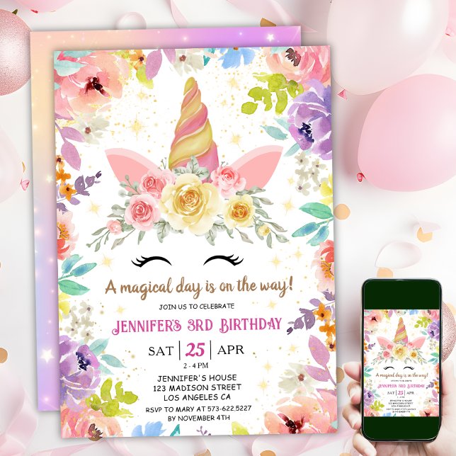 Unicorn 3rd Birthday Colourful Floral Rainbow Invitation (#UnicornBirthdayInvitation #UnicornBirthdayInvitationTemplate #UnicornBirthdayInvitationEditable)