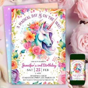 Unicorn 3rd Birthday  Floral Rainbow and Stars  Invitation