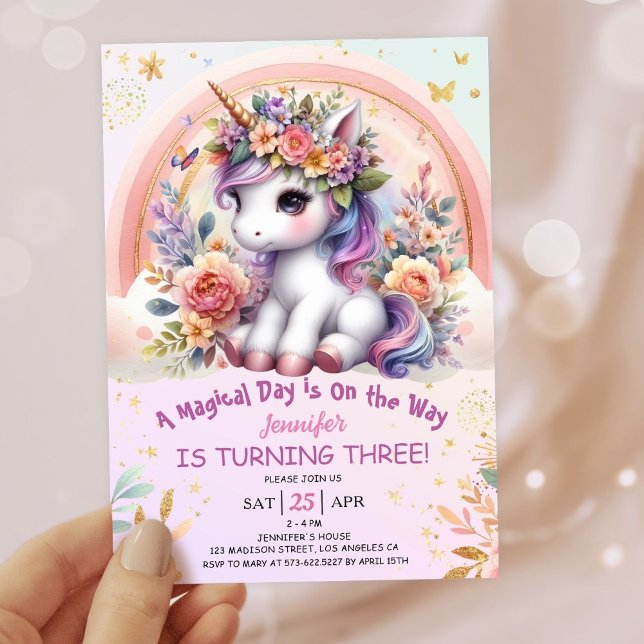 Unicorn 3rd Birthday Girl Pink Floral Rainbow Invitation (#UnicornBirthdayInvitation #UnicornBirthdayInvitationTemplate #UnicornBirthdayInvitationEditable 
)