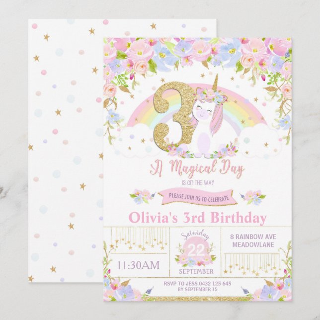 Unicorn 3rd Birthday Invitation Floral Rainbow (Front/Back)