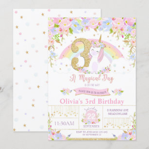 Unicorn 3rd Birthday Invitation Floral Rainbow