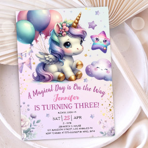 Unicorn 3rd Birthday Invite Girl Purple & Gold