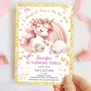 Unicorn 3rd Birthday Party Girl Blush Pink & Gold Invitation