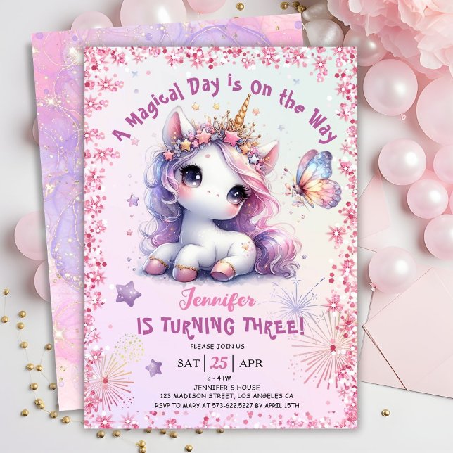 Unicorn 3rd Birthday Party Girl Pink Purple  Invitation (#UnicornBirthdayInvitation #UnicornBirthdayInvitationTemplate #UnicornBirthdayInvitationEditable )