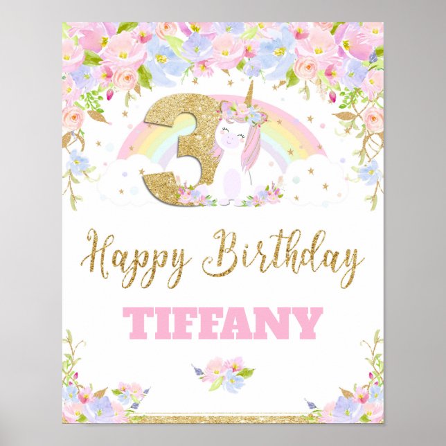 Unicorn 3rd Birthday Party Welcome Poster Sign (Front)