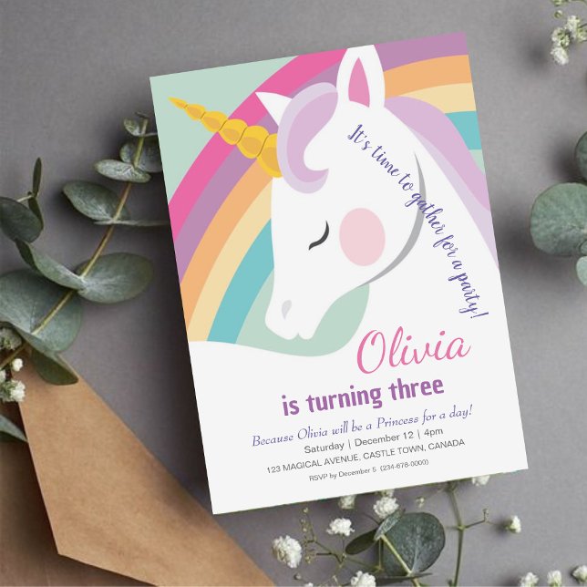 Unicorn 3rd Birthday Rainbow Party  Invitation (Creator Uploaded)