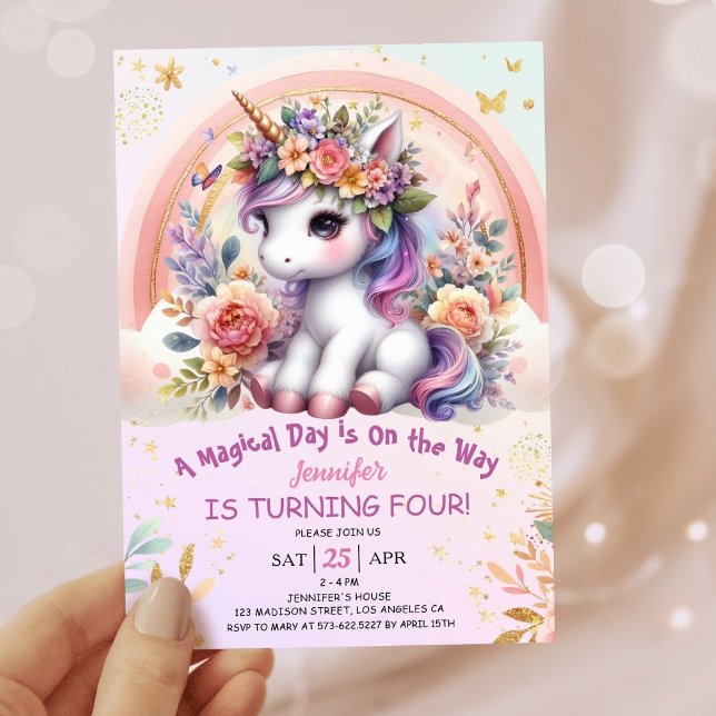 Unicorn 4th Birthday Girl Pink Floral Rainbow Invitation (#UnicornBirthdayInvitation #UnicornBirthdayInvitationTemplate #UnicornBirthdayInvitationEditable 
)