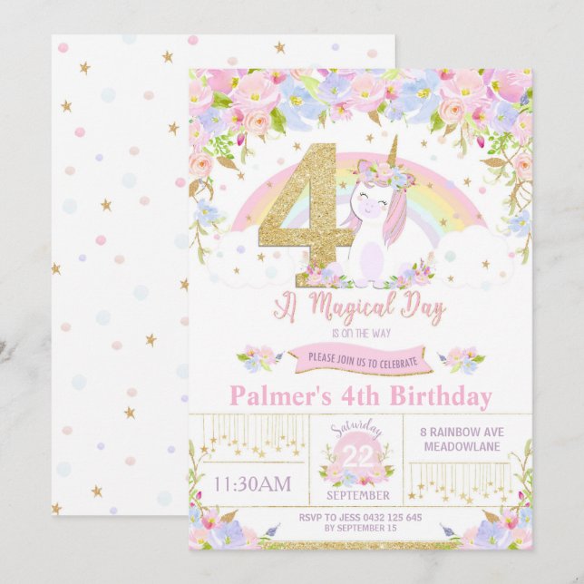 Unicorn 4th Birthday Invitation Floral Rainbow (Front/Back)