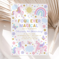 Unicorn 4th Birthday Invitation, Four Ever Magical
