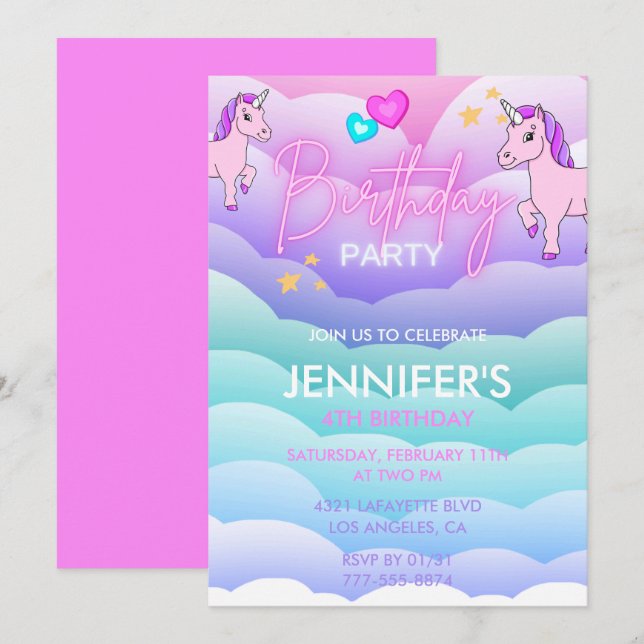 Unicorn 4th birthday invitations Purple Pink (Front/Back)