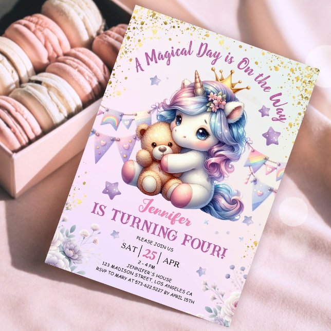 Unicorn 4th Birthday Invite Girl Pink Gold Cute (#UnicornBirthdayInvitation #UnicornBirthdayInvitationTemplate #UnicornBirthdayInvitationEditable )