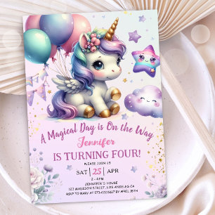 Unicorn 4th Birthday Invite Girl Purple & Gold