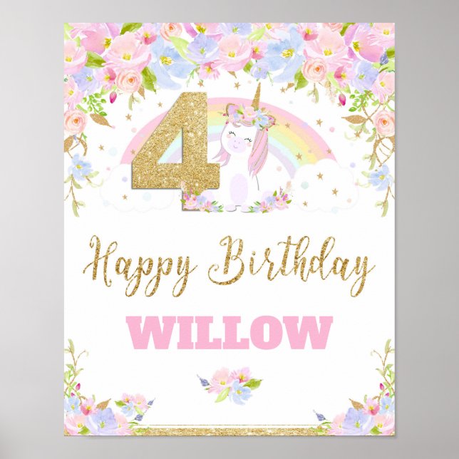 Unicorn 4TH Birthday Party Welcome Poster Sign (Front)