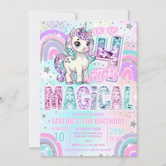 Unicorn 4th Birthday Un-fourgettable Magical Invitation (Front)
