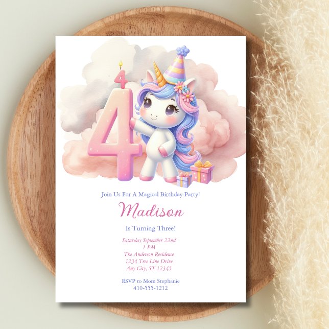 Unicorn 4th Fourth Pink Blue Purple Girl Birthday  Invitation (Unicorn 4th Fourth Girls Birthday invitation. Blue Pink Purple Watercolor, Printed or Digital )