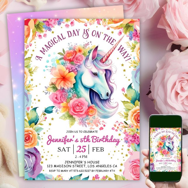 Unicorn 5th Birthday  Floral Rainbow and Stars Invitation (#UnicornBirthdayInvitation #UnicornBirthdayInvitationTemplate #UnicornBirthdayInvitationEditable)