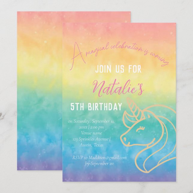 Unicorn 5th Birthday Girl Pink Magical Fifth Invitation (Front/Back)