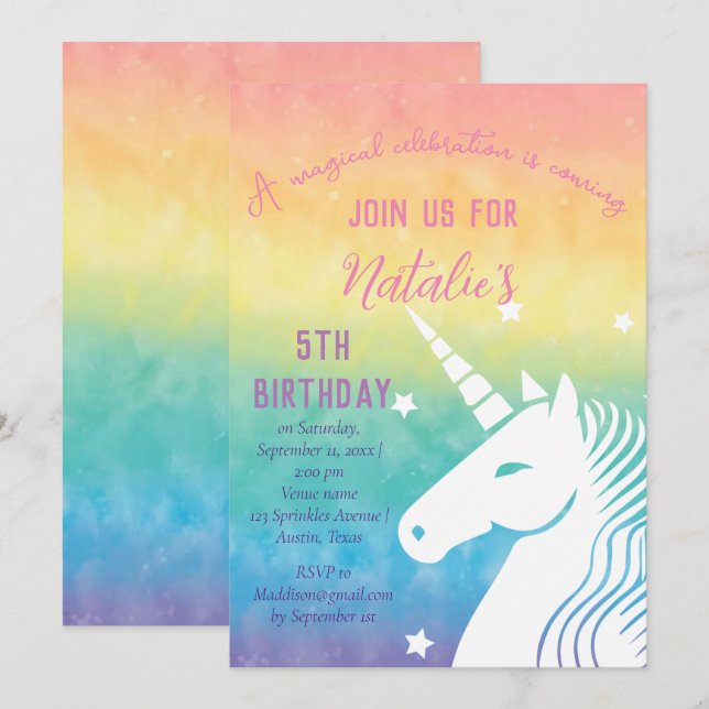Unicorn 5th Birthday Girl Pink Magical Fifth Invitation (Front/Back)