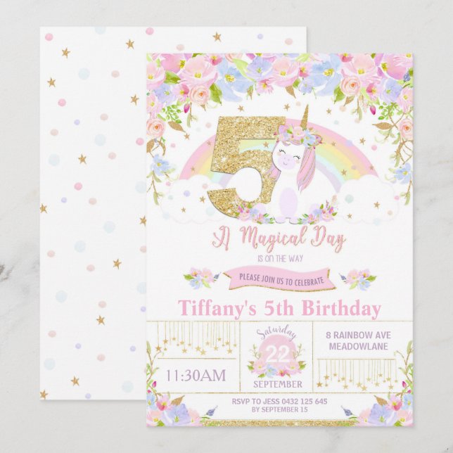 Unicorn 5th Birthday Invitation Floral Rainbow (Front/Back)