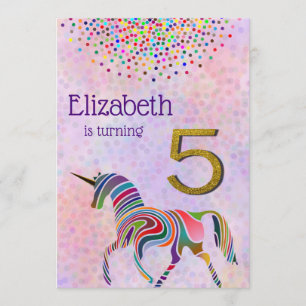 Unicorn 5th birthday invitation glitter confetti