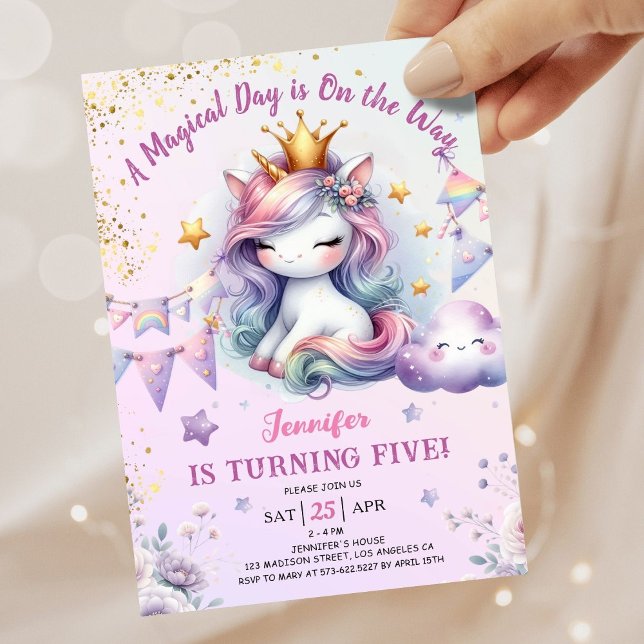 Unicorn 5th Birthday Invite Girl Pink & Gold (Creator Uploaded)