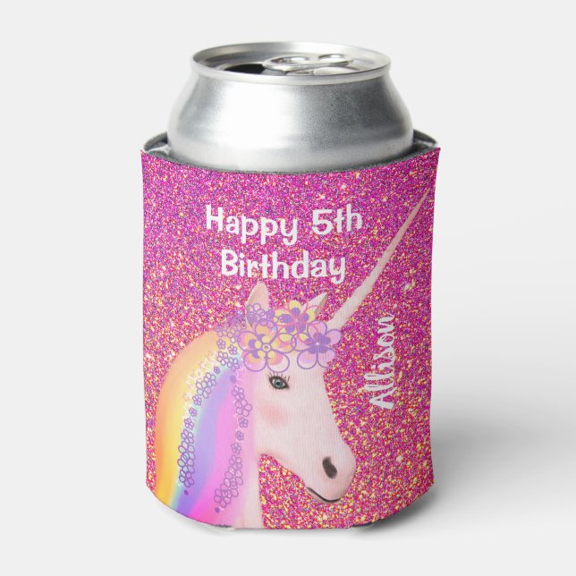 Unicorn 5th Birthday Party Favour Pink Personalise Can Cooler (Can Front)