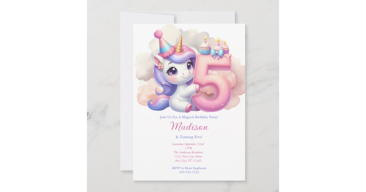 Unicorn 5th Fifth Pink Blue Purple Girl Birthday Invitation Zazzle