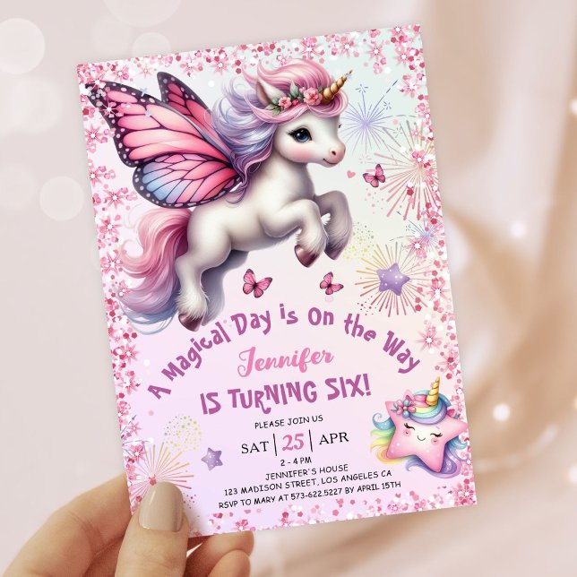 Unicorn 6th Birthday Girl Pink Purple Glitter Invitation (#UnicornBirthdayInvitation #UnicornBirthdayInvitationTemplate #UnicornBirthdayInvitationEditable)