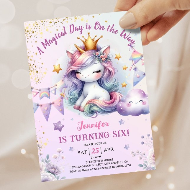 Unicorn 6th Birthday Invite Girl Pink & Gold (#UnicornBirthdayInvitation #UnicornBirthdayInvitationTemplate #UnicornBirthdayInvitationEditable )