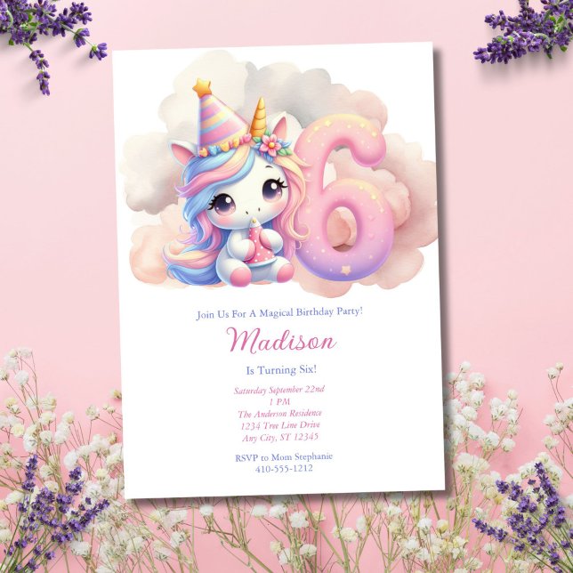 Unicorn 6th Sixth Pink Blue Purple Girl Birthday  Invitation (Unicorn 6th Sixth Birthday Party Invitation for Girl. Digital Download or Printed)