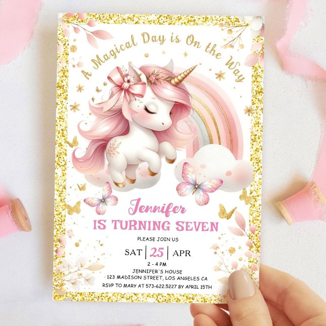 Unicorn 7th Birthday Party Girl Blush Pink & Gold Invitation (Creator Uploaded)